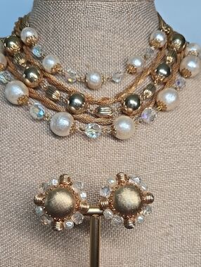 Gold Tone Pearlesque Bead & Crystal Multi-Strand Necklace with Clip Earrings